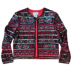 VTG Adrianna Papell Evening Cocktail Jacket Fully Beaded Sequin Silk Red Medium